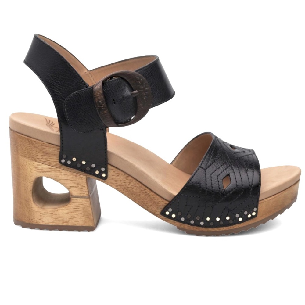 New Odele Black Tumbled Calf Wood Sandals